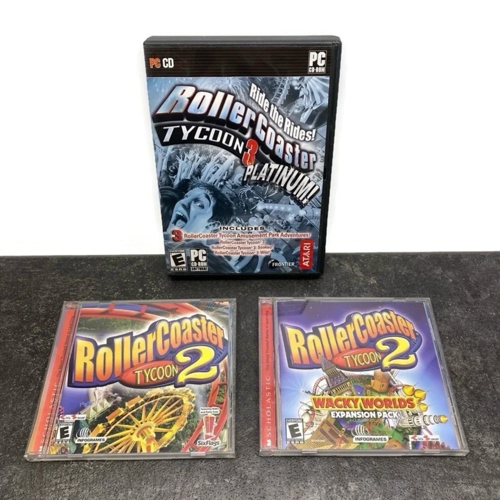 Lot of Roller Coaster Tycoon 2, Wacky Worlds Expansion Pack, 3 Platinum PC Games